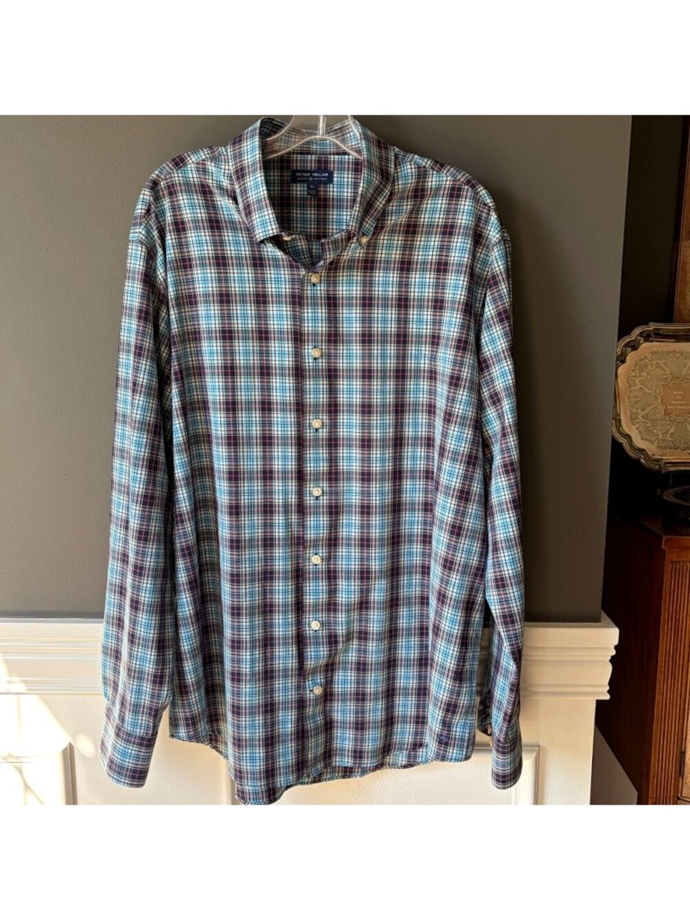 Peter Millar Crown Crafted Shirt Mens XL Blue Plaid Button Down Poly Golf